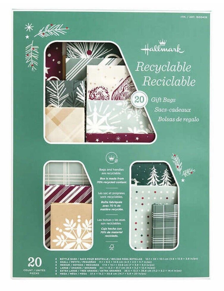 Hallmark - Sacs-cadeaux holiday recycle, 20 pièces