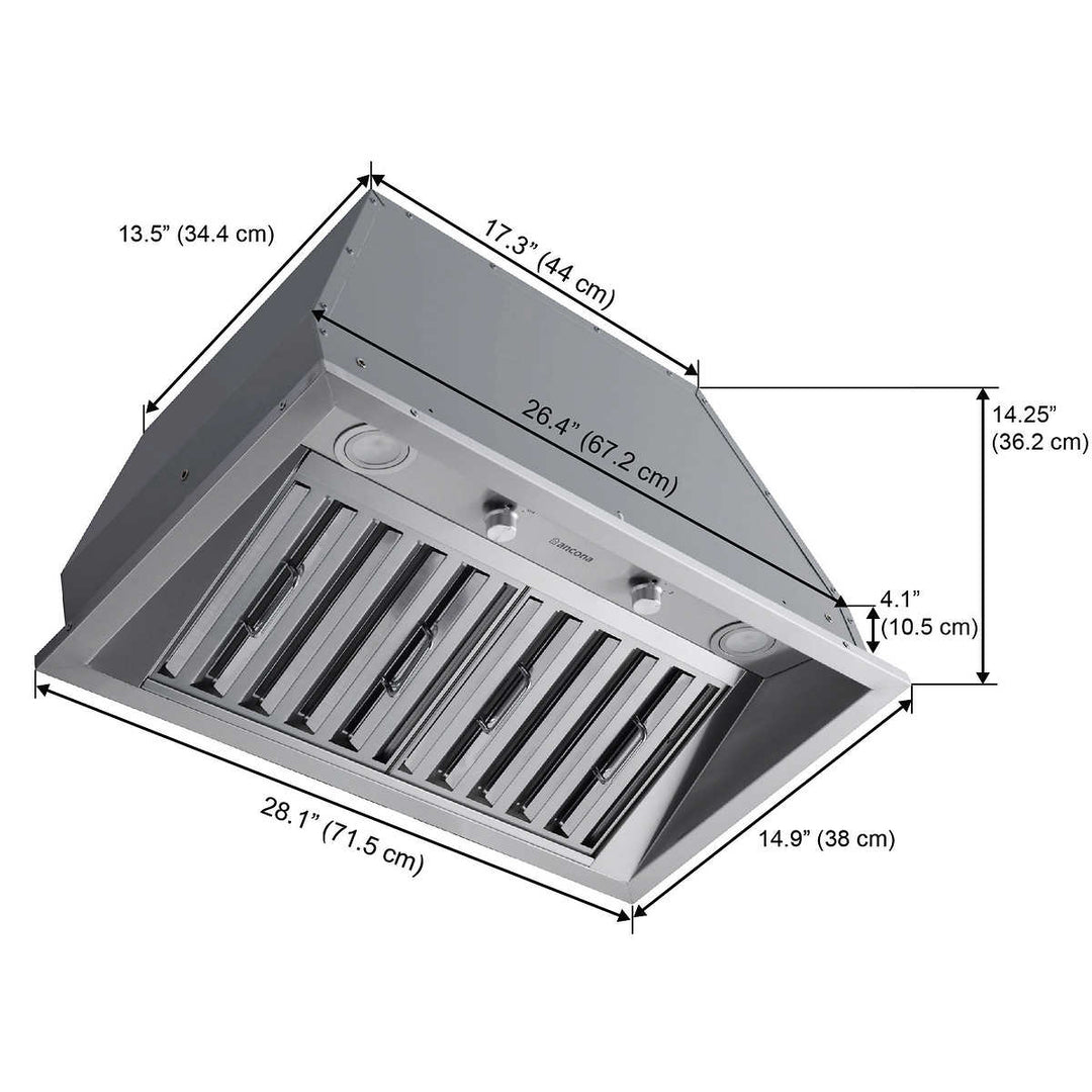 Ancona - Hotte de cuisinière à conduit en acier inoxydable, 600 CFM maximum