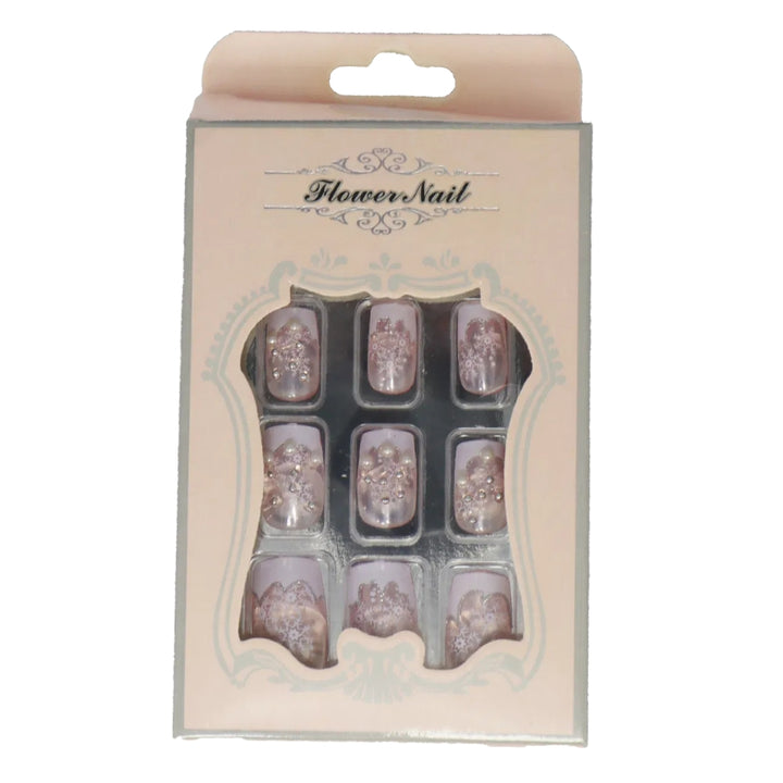 Press-On - Ongle carré arrondi à flocons blancs Flower Nail, 24 pièces